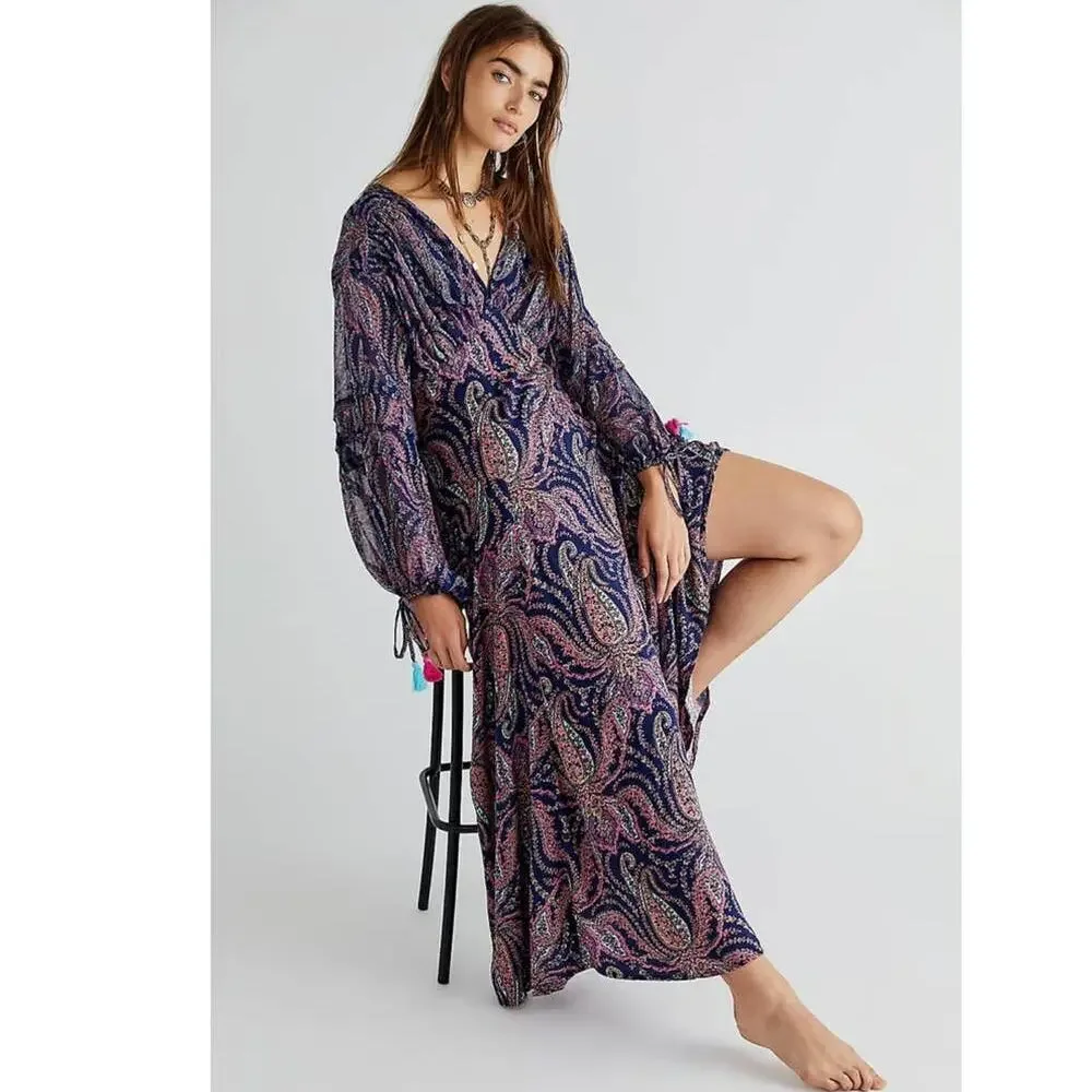 New Free People Mirage Boho Paisley Maxi Dress $198 Size 0 Long Sleeve